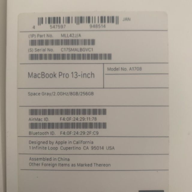 MacBook Pro 13in 2016 i5 8GB 256GB A1708 8