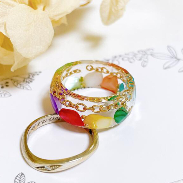 レジンリング　指輪　リング　MIXさざれ石　チェーン　大人可愛い　13号 ハンドメイドのアクセサリー(リング)の商品写真