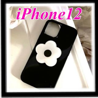 人気❣️ iPhone12ケース ブラック　スマホグリップ　花　フラワー　韓国(iPhoneケース)