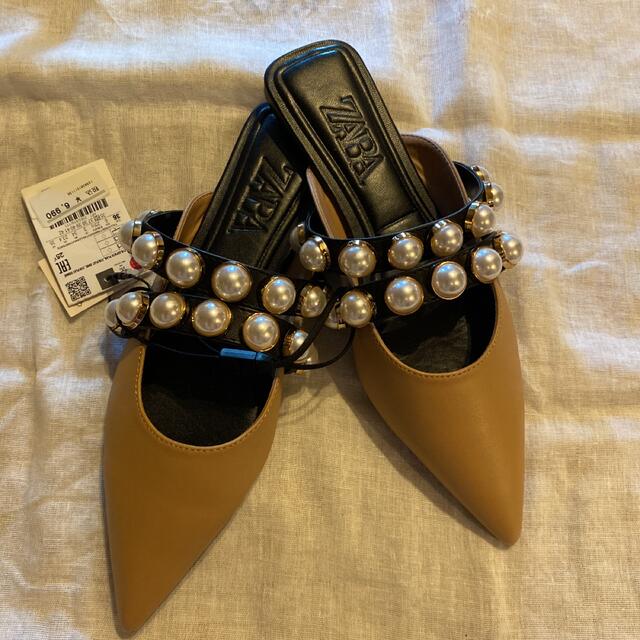 ZARA パールビーズ付き フラットミュール 36 23.4cm | フリマアプリ ラクマ