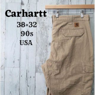 カーハート(carhartt)の美品90sカーハート38×32ペインターパンツカーゴ革ロゴボトムス古着USA(ペインターパンツ)