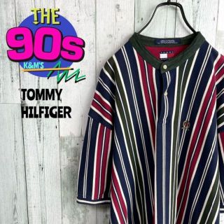 トミーヒルフィガー(TOMMY HILFIGER)の90's トミーヒルフィガー  ロゴ刺繍　ストライプ　ノーカラーポロシャツ(ポロシャツ)