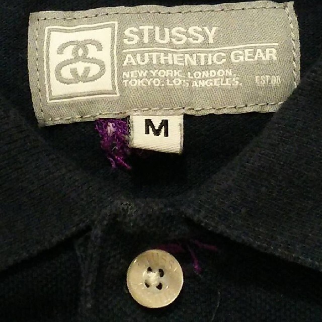 ステューシー半袖ポロシャツMサイズ黒パープル刺繍SSロゴ紫STUSSY限定