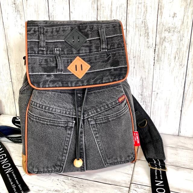 BLACK denim Drawstring back pack ハンドメイドのファッション小物(バッグ)の商品写真