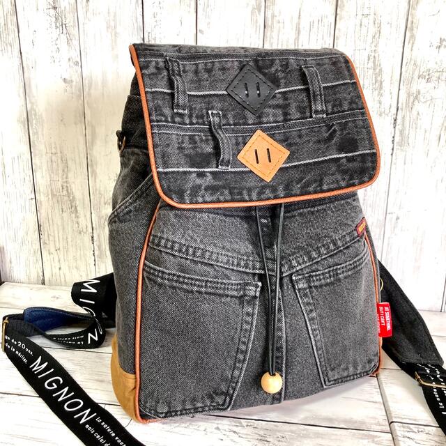 BLACK denim Drawstring back pack ハンドメイドのファッション小物(バッグ)の商品写真