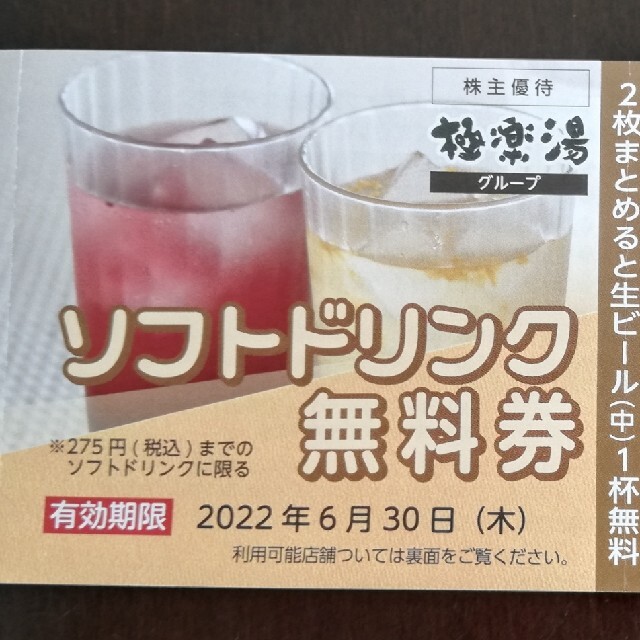 極楽湯ソフトドリンク券 チケットの優待券/割引券(その他)の商品写真