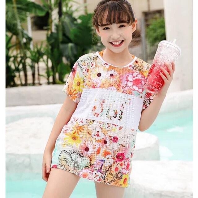 ✿ 水着 ✿メッシュTシャツ付き オレンジ セパレート3点セット 110～120 キッズ/ベビー/マタニティのキッズ服女の子用(90cm~)(水着)の商品写真