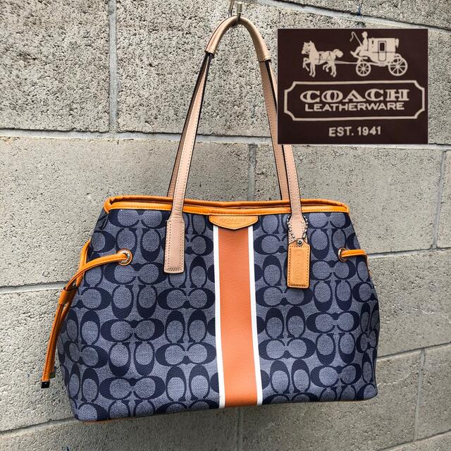 美品　COACH コーチ トートバッグ　シグネチャー　ブルー　オレンジ　オシャレ | フリマアプリ ラクマ