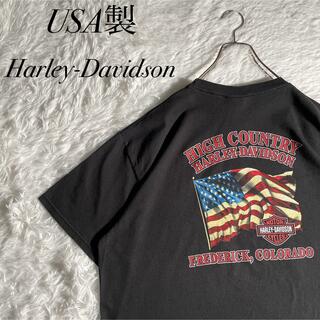 ハーレーダビッドソン(Harley Davidson)のUSA製　古着　ハーレーダビッドソン  バイク　両面プリント　ビックプリント　黒(Tシャツ/カットソー(半袖/袖なし))