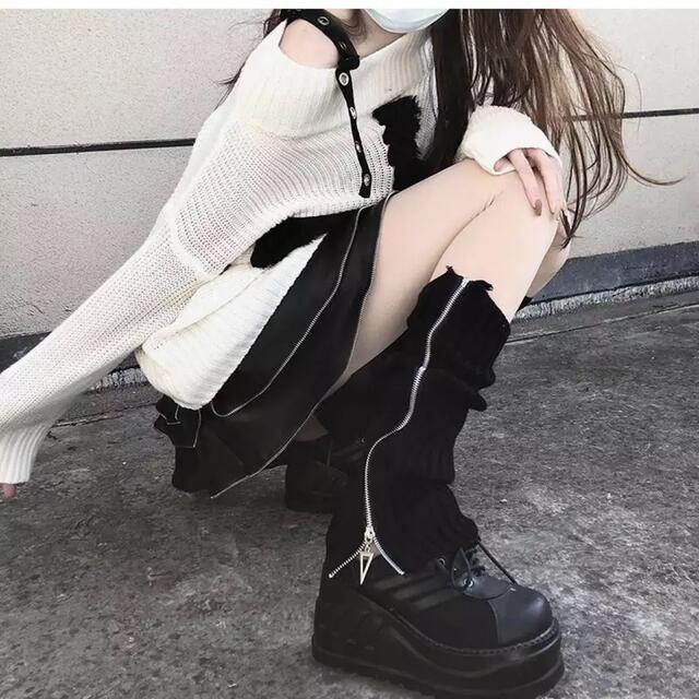 ジッパー付きニットレッグウォーマー♡ルーズソックス♡韓国♡Y2K♡黒 レッグウォーマー レディース レース 靴下 タイツ 韓国 ゴスロリ 黒 コスプレ