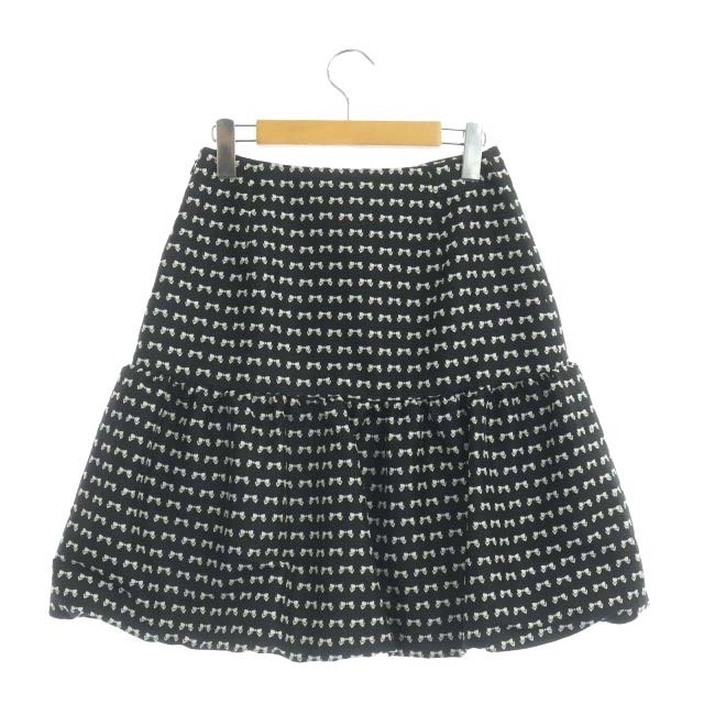 M'S GRACY(エムズグレイシー)のエムズグレイシー リボン総柄 バルーンスカート ひざ丈 38 黒 白 レディースのスカート(ひざ丈スカート)の商品写真