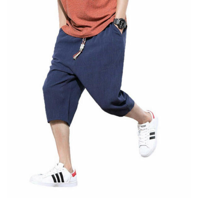 L 青 ネイビー サルエルパンツ メンズ ショートパンツ 夏 七分丈 調整紐 メンズのパンツ(サルエルパンツ)の商品写真