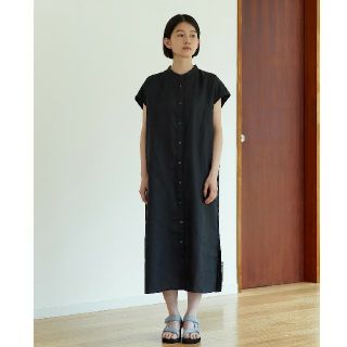 ムジルシリョウヒン(MUJI (無印良品))の■新品■  無印良品 フレンチリネン洗いざらしフレンチスリーブワンピース／黒(ひざ丈ワンピース)