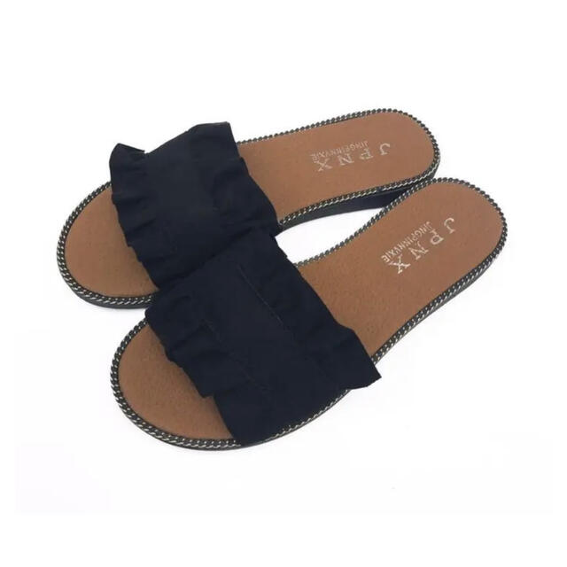 大人気 フリル ぺたんこ サンダル 23cm 青　黒 可愛い 韓国 レディースの靴/シューズ(サンダル)の商品写真