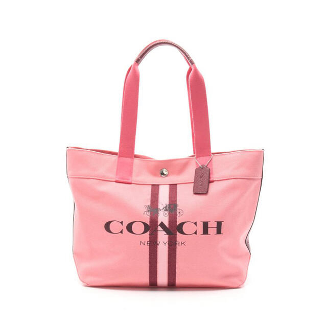 COACH トートバッグ ストライプ柄 キャンバス レザー ピンク 黒