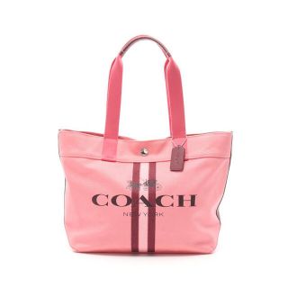 コーチ(COACH)のCOACH トートバッグ ストライプ柄 キャンバス レザー ピンク 黒(トートバッグ)