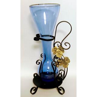 懐かしい昭和レトロ商品⭐️薄い青色のガラス花瓶/葡萄モチーフのアイアンスタンド