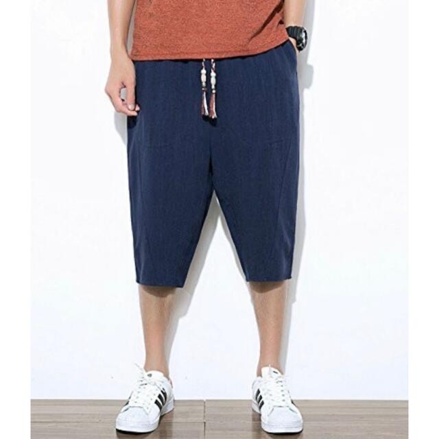 XL 青 ネイビー サルエルパンツ メンズ ショートパンツ 夏 七分丈 調整紐 メンズのパンツ(サルエルパンツ)の商品写真