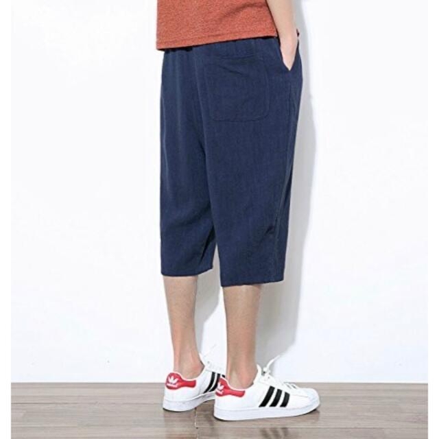 2XL 青 ネイビー サルエルパンツ メンズ ショートパンツ 夏 七分丈 調整紐 メンズのパンツ(サルエルパンツ)の商品写真