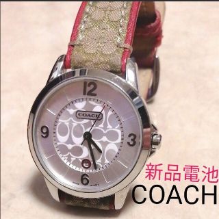 コーチ(COACH)のCOACH レディース腕時計 ミニシグネチャー カーキ×レッド レザーバンド(腕時計)