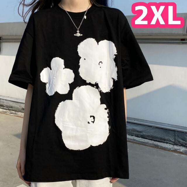 ビッグシルエット　2XL　黒　花柄 Tシャツ　体型カバー　レディース レディースのトップス(Tシャツ(半袖/袖なし))の商品写真