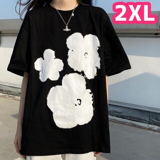 ビッグシルエット　2XL　黒　花柄 Tシャツ　体型カバー　レディース(Tシャツ(半袖/袖なし))