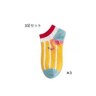 3足セット　フラミンゴ　ストライプ　くるぶし　靴下　ソックス　レディース(ソックス)