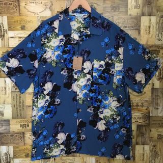 アロハシャツ　開襟　大きいサイズ　5L 4XL 濃紺　ブルー　花　総柄　レーヨン(シャツ)