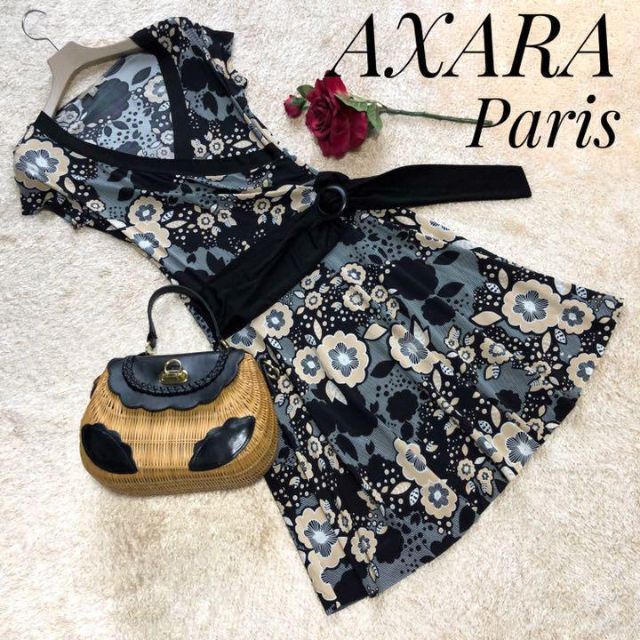 【美品】AXARA ストレッチ カシュクール ベルトデザイン ワンピース 花柄