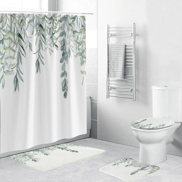 シャワーカーテン　トイレカバー　浴室マット　葉っぱ　4点セット　撥水　軽量