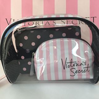 ヴィクトリアズシークレット(Victoria's Secret)のビクシー ポーチ クリア　ピンク ドット ストライプ 3点セット(ポーチ)