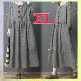 XL ワンピース　ギンガムチェック　長袖　ゆったり　新品　人気　ロングワンピ(ロングワンピース/マキシワンピース)