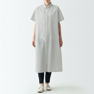 ムジルシリョウヒン(MUJI (無印良品))の★新品★ 無印良品 強撚さらっとポプリン半袖ワンピース／ライトグレー／Ｍ～Ｌ(ひざ丈ワンピース)