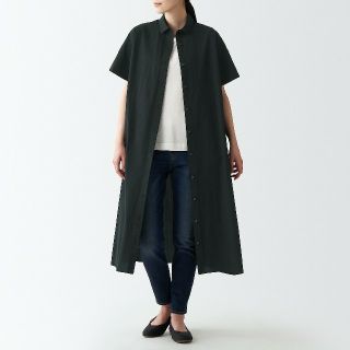 ムジルシリョウヒン(MUJI (無印良品))の【新品】無印良品 強撚さらっとポプリン半袖ワンピース／黒／Ｍ～Ｌ(ひざ丈ワンピース)