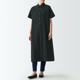 ムジルシリョウヒン(MUJI (無印良品))の★新品★ 無印良品 強撚さらっとポプリン半袖ワンピース／黒／Ｍ～Ｌ(ひざ丈ワンピース)