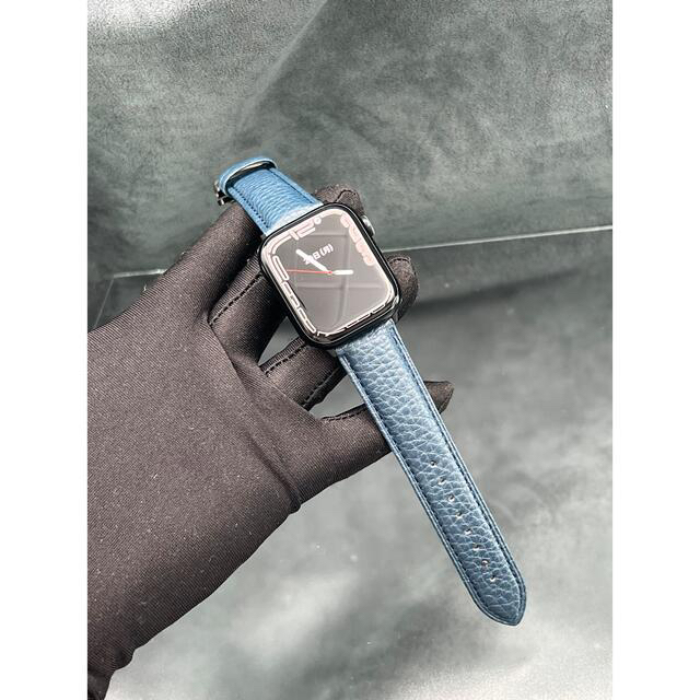 Apple Watch(アップルウォッチ)のネイビー　アップルウォッチ用　本革トゴレザーベルトDバックル付き　高品質 メンズの時計(レザーベルト)の商品写真