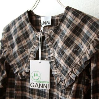 GANNI フリル ビッグカラー チェック ブラウス シャツ パフスリーブ