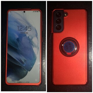 GALAXY S21 赤 両面 携帯ケース ガラスフィルム+マグベースリング(Androidケース)