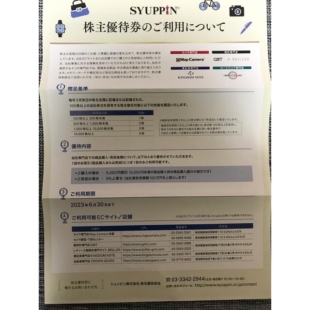 シュッピン SYUPPIN の株主優待券2枚 チケットの優待券/割引券(ショッピング)の商品写真