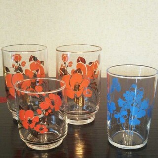 東洋佐々木ガラス - 昭和レトロ ガラスコップ4個 佐々木硝子 椿柄 クローバー