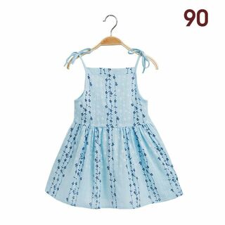 90 子供f服 キャミワンピワンピース  夏ワンピ 可愛い 韓国 花柄 ブルー(ワンピース)