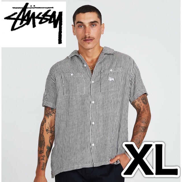 トップス【新品未使用】STUSSY ストライプ柄　胸ポケット付き半袖シャツ　XLサイズ