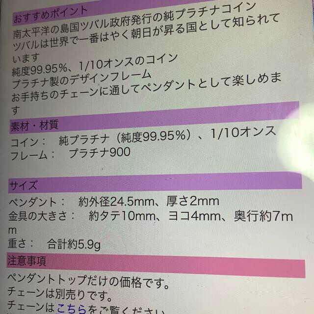 純Ptホースコイン デザイン枠  1/10オンス  バチカン大きめ  6.2ｇ レディースのアクセサリー(ネックレス)の商品写真