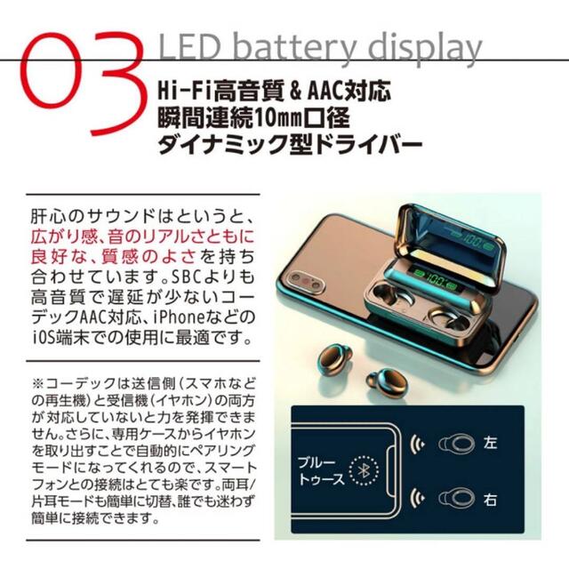 最新ワイヤレスイヤホン イヤフォン Bluetooth ブルートゥース スマホ/家電/カメラのオーディオ機器(ヘッドフォン/イヤフォン)の商品写真