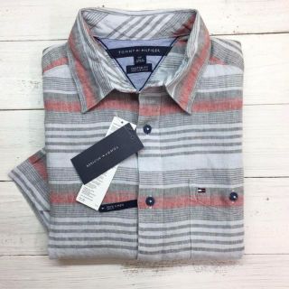 トミーヒルフィガー(TOMMY HILFIGER)の新品【メンズS】★トミー★ボーダー麻素材半袖シャツ/グレー/リネン(シャツ)