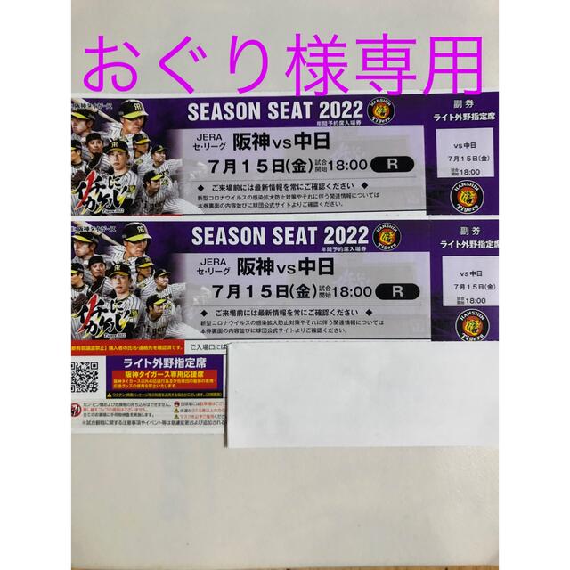 甲子園7月15日阪神vs中日戦 ライトスタンドペアチケット