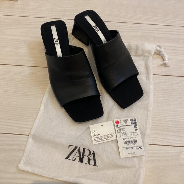 ZARA(ザラ)のZARA 今季新品　35サイズ　レザーサンダル　希少サイズ　ブラック レディースの靴/シューズ(サンダル)の商品写真