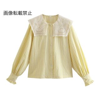🐬6月新作💙8278◇yellow ギンガムチェック柄 レース 襟 ブラウス(シャツ/ブラウス(長袖/七分))