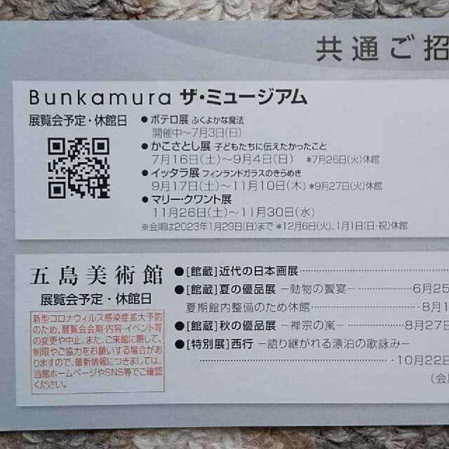 東急 株主優待 共通ご招待券    Bunkamura 2枚 チケットの施設利用券(美術館/博物館)の商品写真