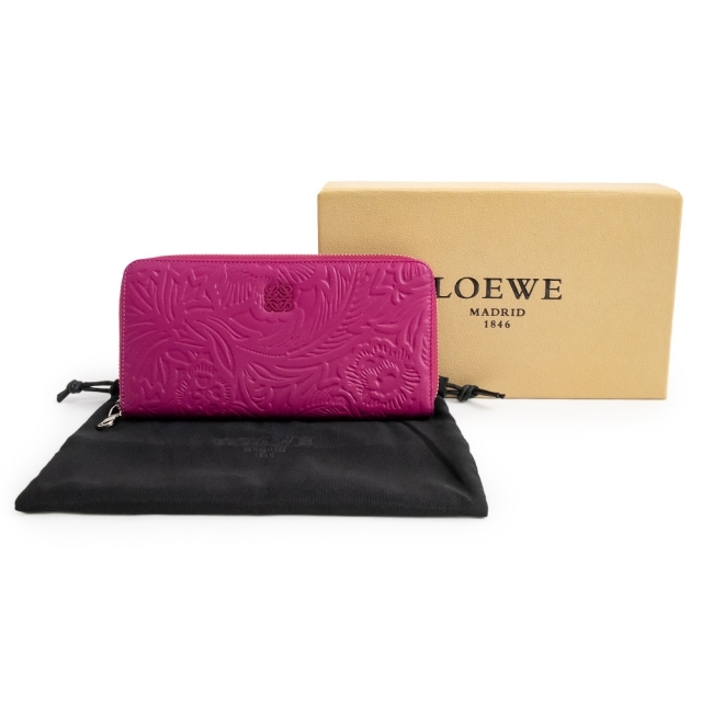 LOEWE - ロエベ シープスキン カーフスキン レザー エンボス 花柄 ラウンドファスナー 長財布 パープル 179N84.F13 箱付